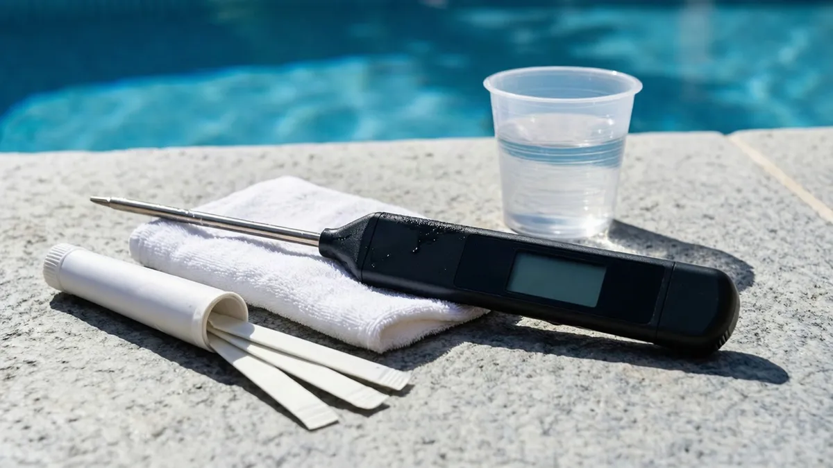 Medidor digital de salinidad y tiras de test sobre el borde de piedra de la piscina